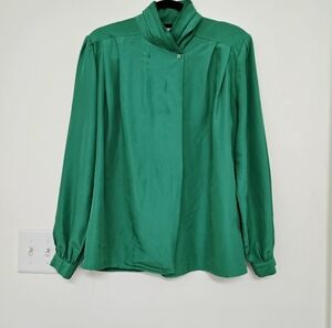 Vintage Susan Hutton Green Silky Blouse w/High Neckline